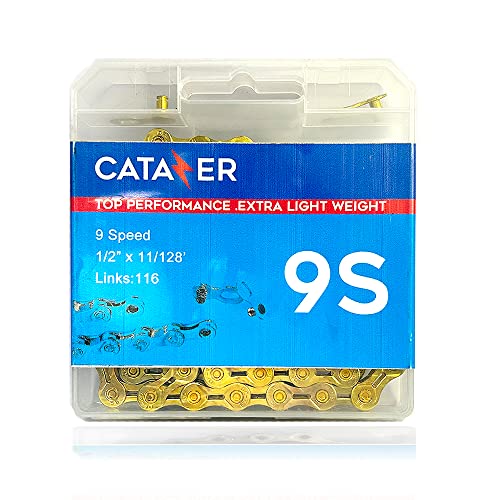 Catazer Bicycle Chain 9 Speed Chian 116 Links With Spare Master Links Hollow Out Lightweight For Road Bicycle Mountain Bike Folding Bike E Bike (9 Speed,Golden) #TOP13