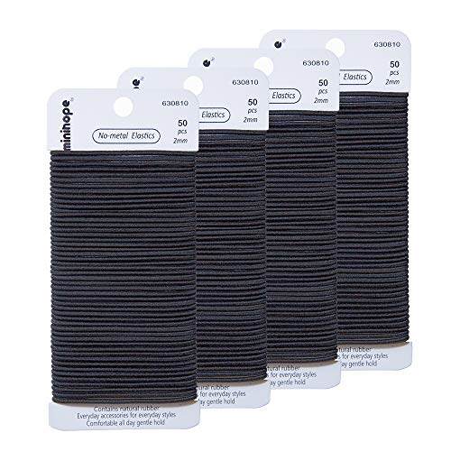 Minihope - Corbata elástica para el pelo para mujer, color negro, 200 unidades (paquete de 1), 2 mm para cabello fino a medio grueso. Paquete económico