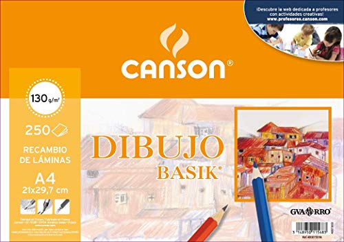 Canson Dibujo Basik, Papel de dibujo blanco, Grano fino, 130gsm, Hoja, A4-21x29,7cm, Blanco natural, 250 Hojas