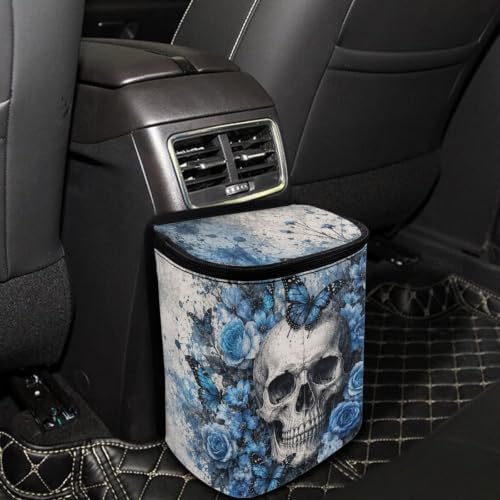 Image of Talayituse Blue Rose Skull Butterfly Print Car Trash Can Portable Auto Garbage Bin Multifunctional Vehicle Interior Accessories with Adjustable Straps Universal Fit Truck SUV Sedan