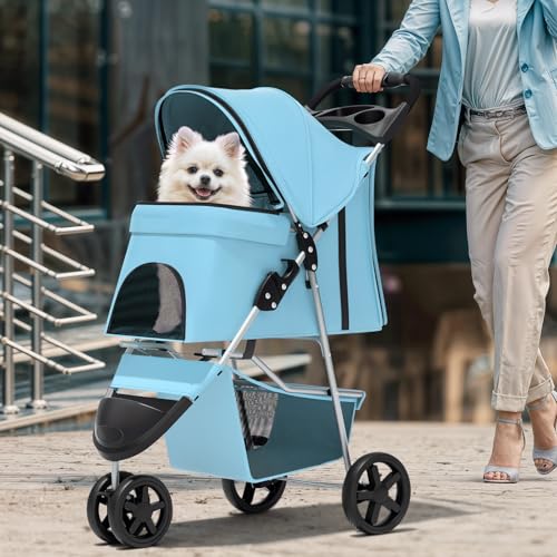 Image of Magshion 3-Wheel Pet Stroller, Foldable Travel Jogger for Small & Medium Dogs & Cats (Up to 33lbs), Lightweight Carrier with Breathable Mesh Cover, Cup Holder & Storage Basket, Mint Green