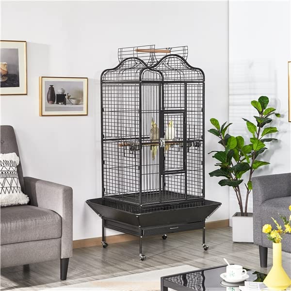 Abician Grande Cage Oiseaux pour Perroquet Grande Cage à Oiseaux exquise avec Toit Ouvrable 81 x 77 x 154 cm Noir