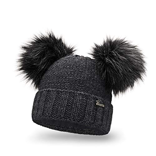 Preisvergleich Produktbild PaMaMi Damen Thermo Wintermütze / warme Strickmütze mit Zwei Bommeln / Gestrickte weiche Bommelmütze mit Fleece / Slouch Beanie Hergestellt in EU / Farbenauswahl M1 (Dark Grey)