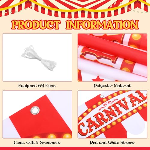 Image of 4 Pcs Carnival Awning Decorations Circus Tent Wall Decor Hanging Banners Red and White Stripe Canopy Stand Sign Circus Carnival Theme Party Supplies, 9.84 x 78.74 (Elegant)