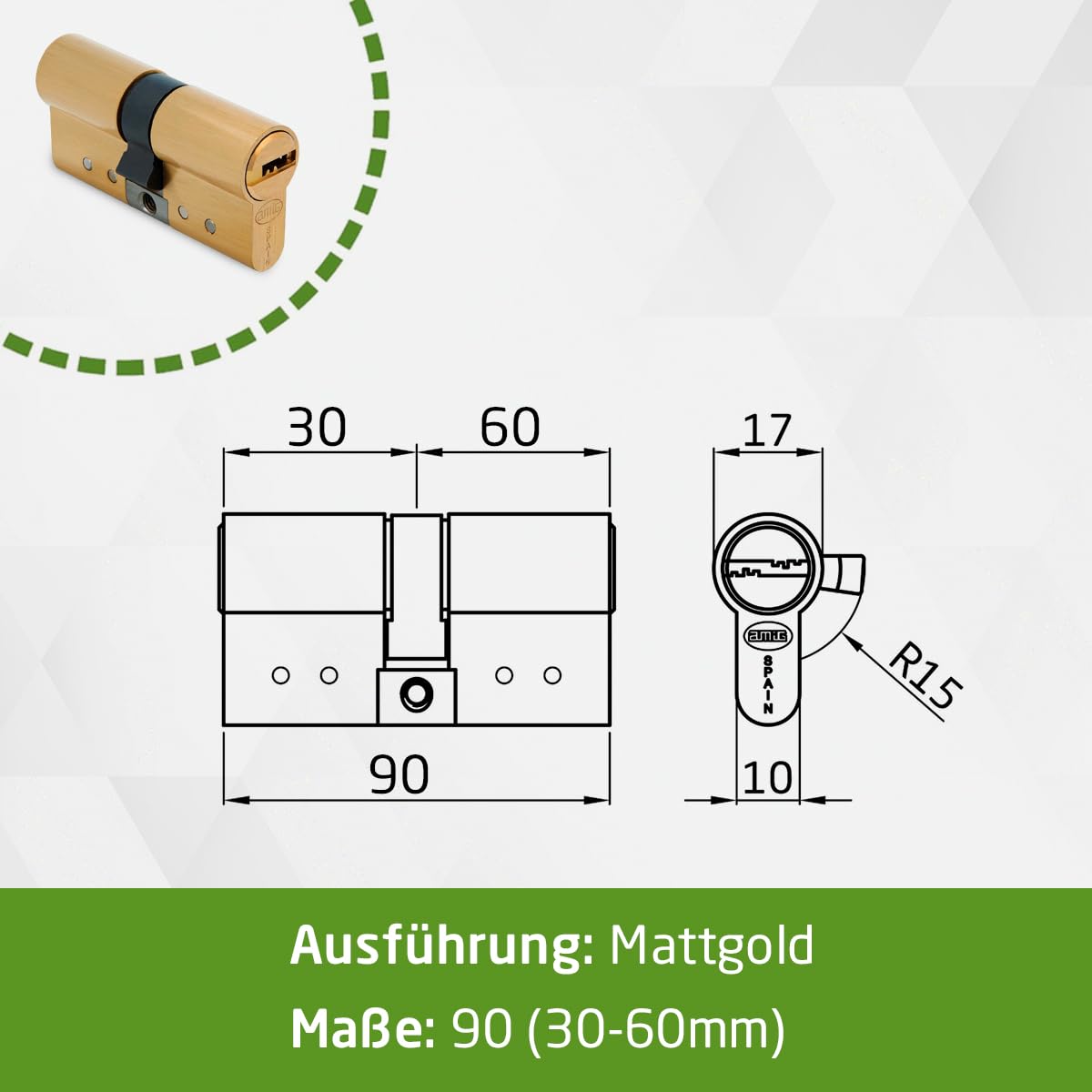 Amig - Profilzylinder 90 mm (30/60) mit 5 Schlüsseln & Code-Karte - Türzylinder aus Messing - Bohr- & Ziehschutz - Bump- & Picking-Schutz - Not- & Gefahrenfunktion - Mattgold - Mod. 10.000