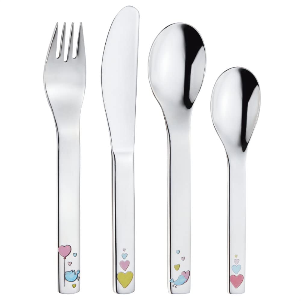 Kinderset Cora Herzen 7tlg. mit Gravur auf der Besteck-Rückseite (z.B. Namen) Kinderbesteck + Kindergeschirr (Teller, Schale, Tasse)
