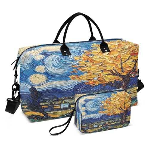 Weekender Bags Travel Duffel Gym Bag Yellow Tree Van Gogh Style Carry on Overnight Tote Bag with Toiletry Bag for Airplane Travel Trip Gym Yoga