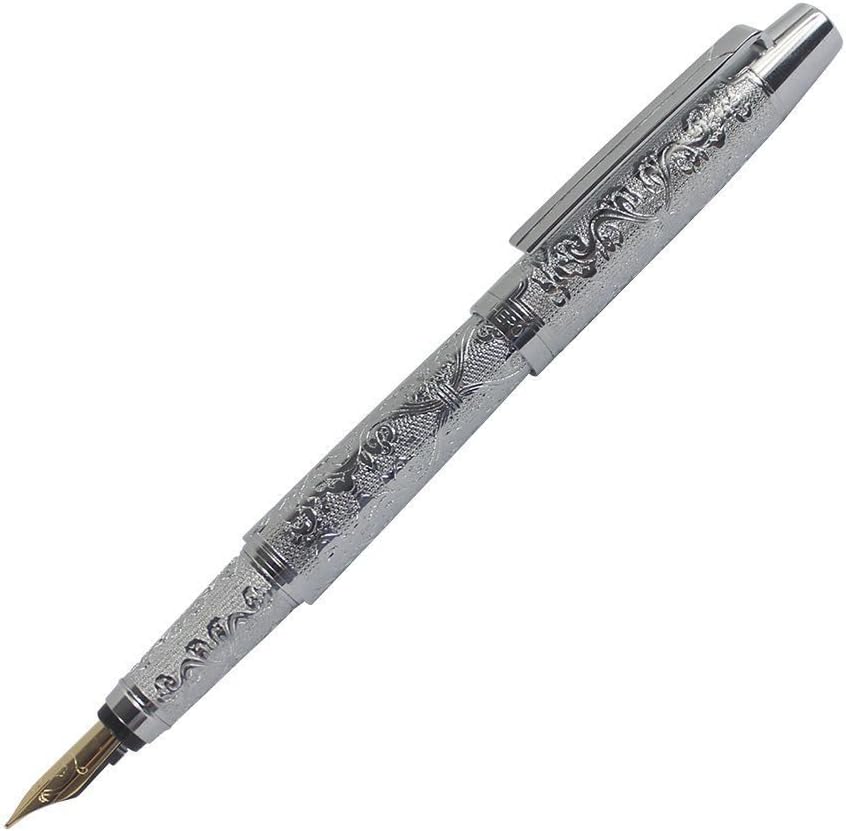 hktandl Hero 103 Silver Flower Embossment Fountain Pen Medium Black Section