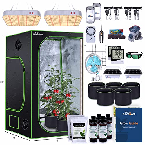 TheBudGrower Premium Home Grow Tent Kit has Everything for Your Grow Complete 48x48x80 inch. Dual LED Light Units 1200 Watts. Premium Growing Nutrients – The Best and Perfect for Your Home Grow.