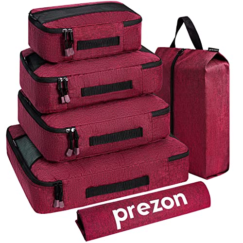 Prezon Premium 6 Set Packing Cubes Essential Luggage Organiser Bags for Travel Accessories with Laundry Bag & Travel Shoe Bag, Red