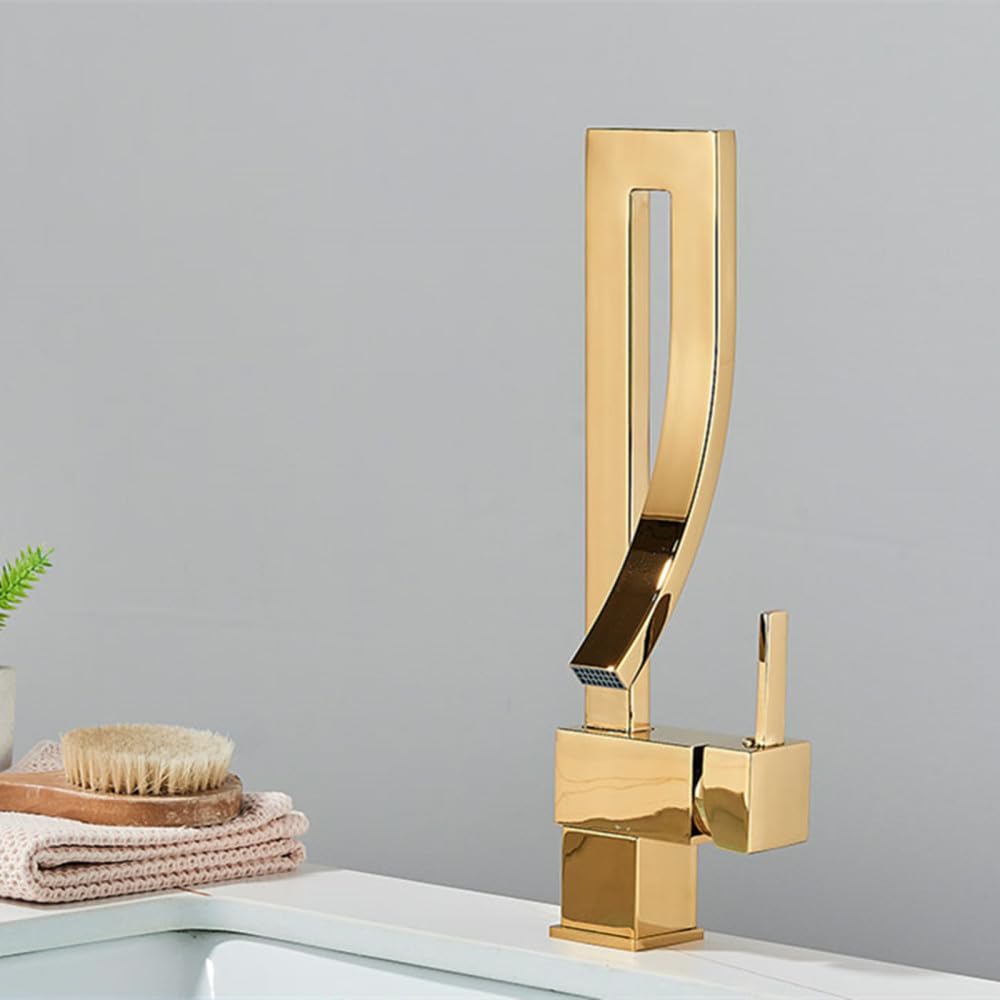 Robinet de lavabo cascade en laiton or brillant avec mitigeur pivotant design