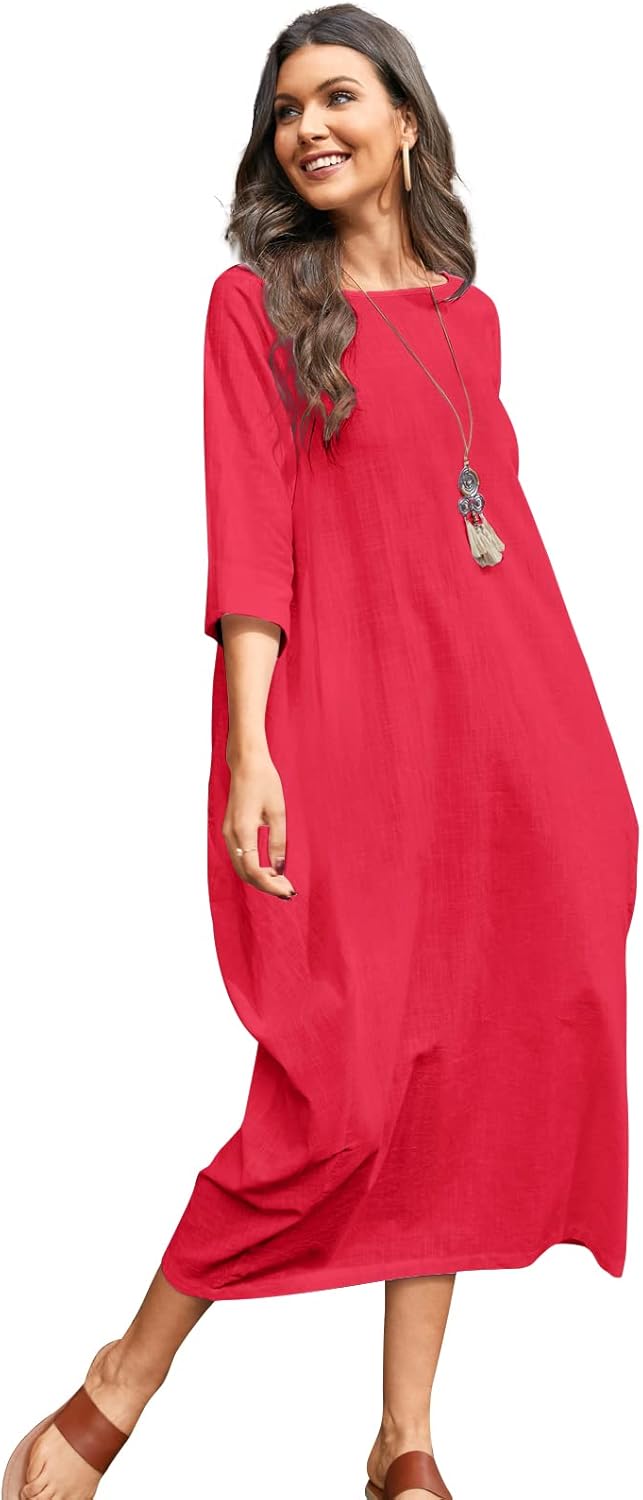 Celmia Autumn Solid Loose Long Maxi Dress Cotton Caftan - Image 4