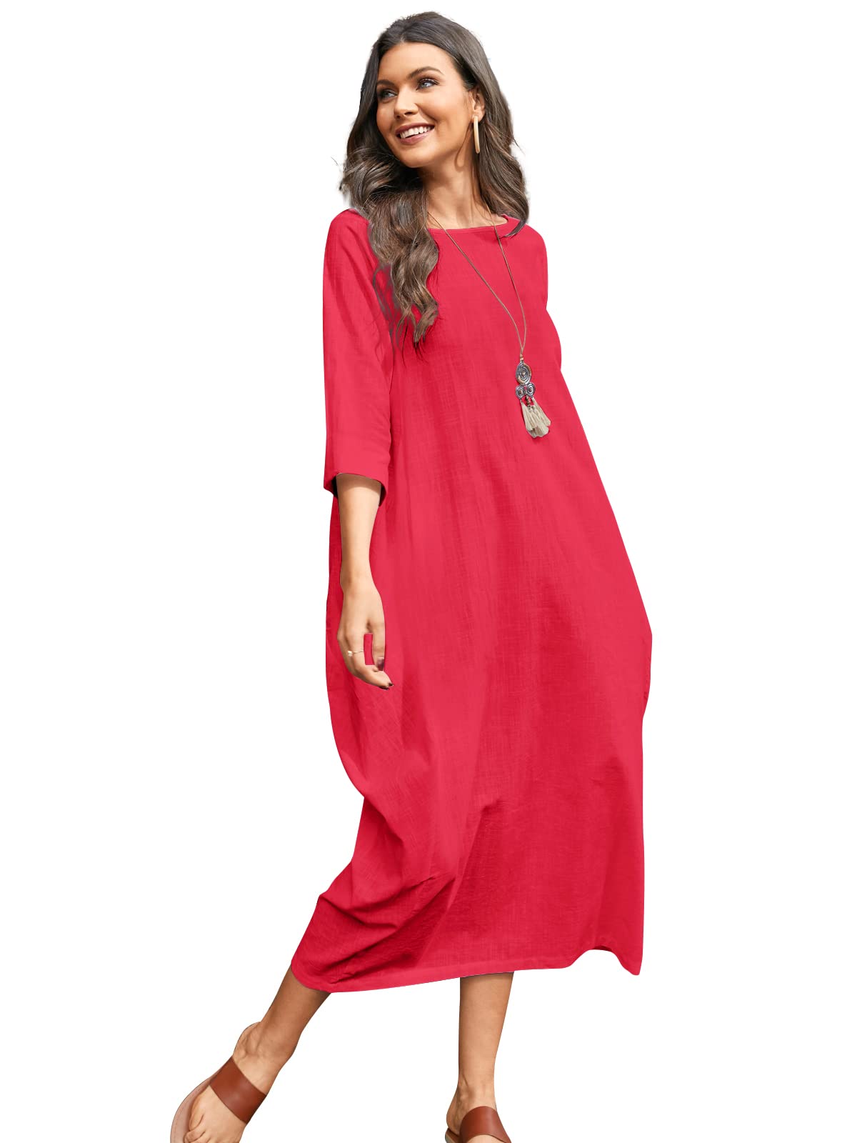 chinese dress ladies Celmia Women's Solid Maxi Dresses Short Sleeve Loose Fit Long Kaftan Dress  A-Floral White Small at Amazon Women's Clothing store main image 0