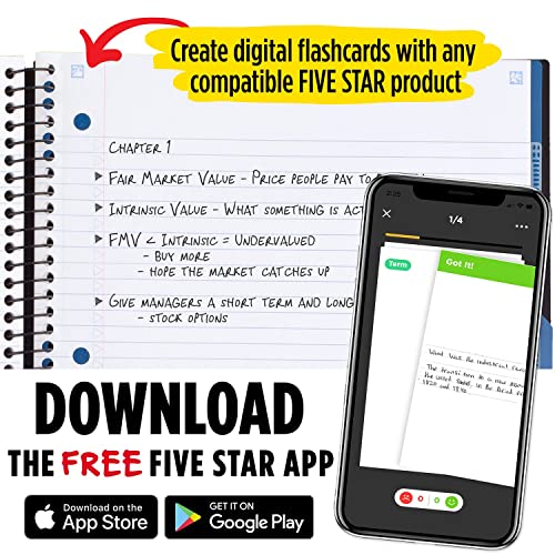 Five Star Caderno espiral avançado + aplicativo de estudo, 3 matérias, papel pautado universitário,