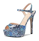 Castamere Mujer Aguja Alto Plataforma Abierta Punta Sandalias Correa Tobillo Slingback Cierre con Hebilla Pumps de Boda Fiesta Dress Zapatos 13CM Heels Multicolor Charol 38 EU