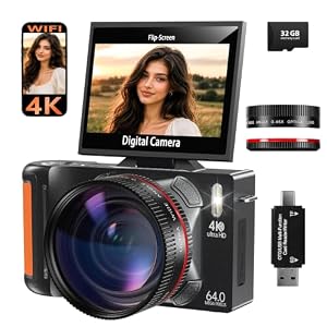 4K Digital Camera with 180° Flip Screen, Lens Cap, and 32GB Memory Card