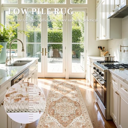 Deerly Vintage Runner Rug 2x6 Hallway Runners Boho Non-Slip Entryway Throw Rug Faux Wool Non-Slip Washable Low-Pile Floor Carpet for Indoor Front Entrance Kitchen Bathroom, Caramel/Beige/Multi