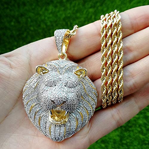 Hip Hop Iced Out Lion Pendant Gold Plated Lab Diamond Necklace with Rope Chain for Men Women4