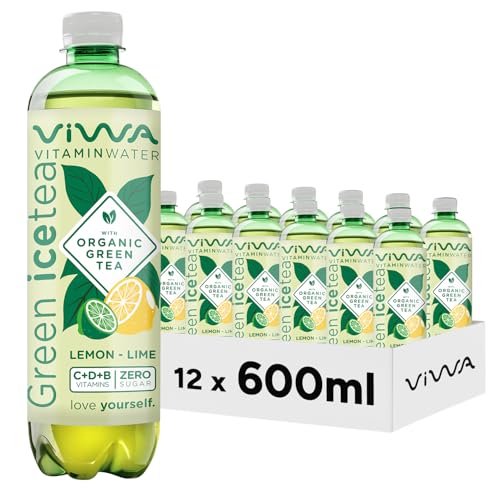 VIWA VITAMIN WATER Té Helado Verde Bebida Refrescante Cero Azúcar con Vitaminas C, D y B. Sabor Lima y Limón, 600ml, Pack de 12, Green Tea
