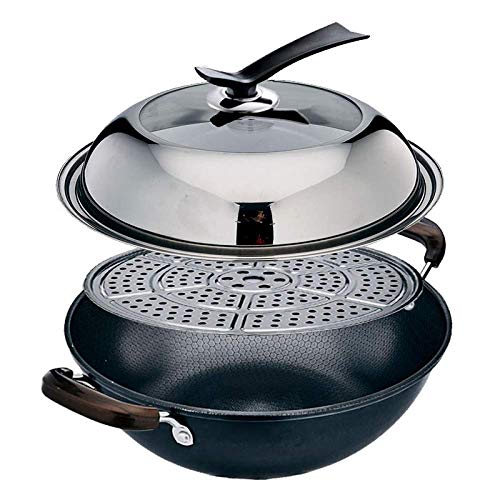 Gusseisen Wok Pfanne Bratpfanne Doppelgriff Vollwabe Feinstahl Haushalt Flacher Boden Unbeschichteter Gusseisen Induktionsherd Universal, 34 cm