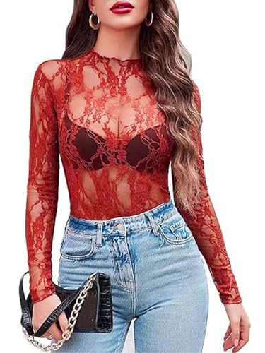 MIZSPISE Camiseta Mujer de Manga Larga Sexy Encaje Transparente Blusas Elegantes Fiesta Club Casual Festival (FR/ES, Letras, M, Regular, Regular, Burdeos)