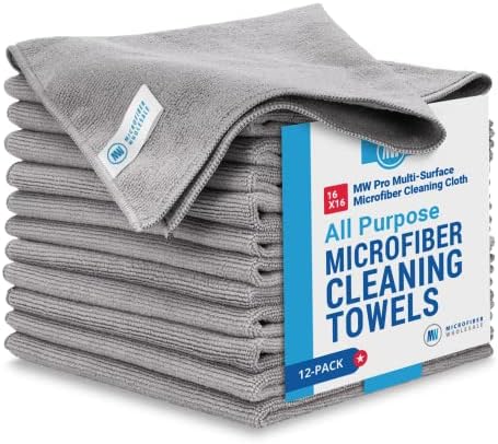 MW Pro Microfiber Cleaning Cloths (12 Pack) | Size 16" x 16"| All Purpose Microfiber Towels - Clean, Dust, Polish, Scrub, Absorbent (Gray)