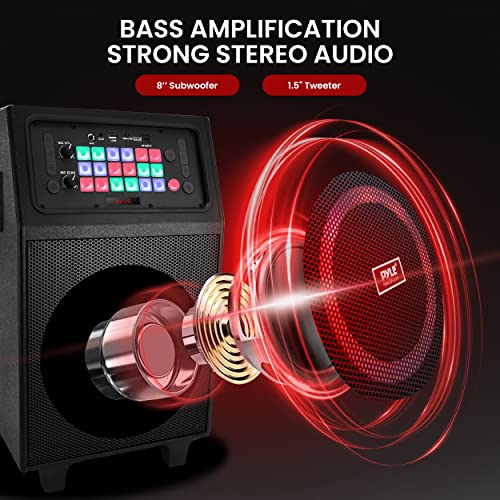 Pyle Portable Karaoke Pa Speaker System - 600W 8” Rechargeable Bt Speaker, Tws, Party Lights, Led Display, Fm/Aux/Mp3/Usb/Sd, Wheels - Wireless Mic, Remote Control, Tablet Holder Included - Php18Djt #TOP1