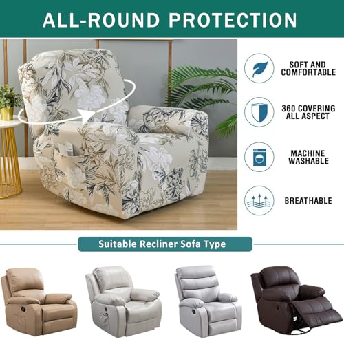 NILUOH Stretch Recliner Cover 4 Pieces Printed Lazy Boy Chair Covers Floral Patterned Recliner Sofa Slipcover Anti-Slip Fitted Furniture Protector with Elastic Bottom, A3 - Image 6