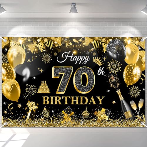 Image of Avezano Happy 70th Birthday Banner for Men Black and Rose Gold Glitter Balloon 70 Birthday Party Backdrop 70 Year Old Bday Photo Backdrop Party Supplies 70.8 x 43.3 Inch