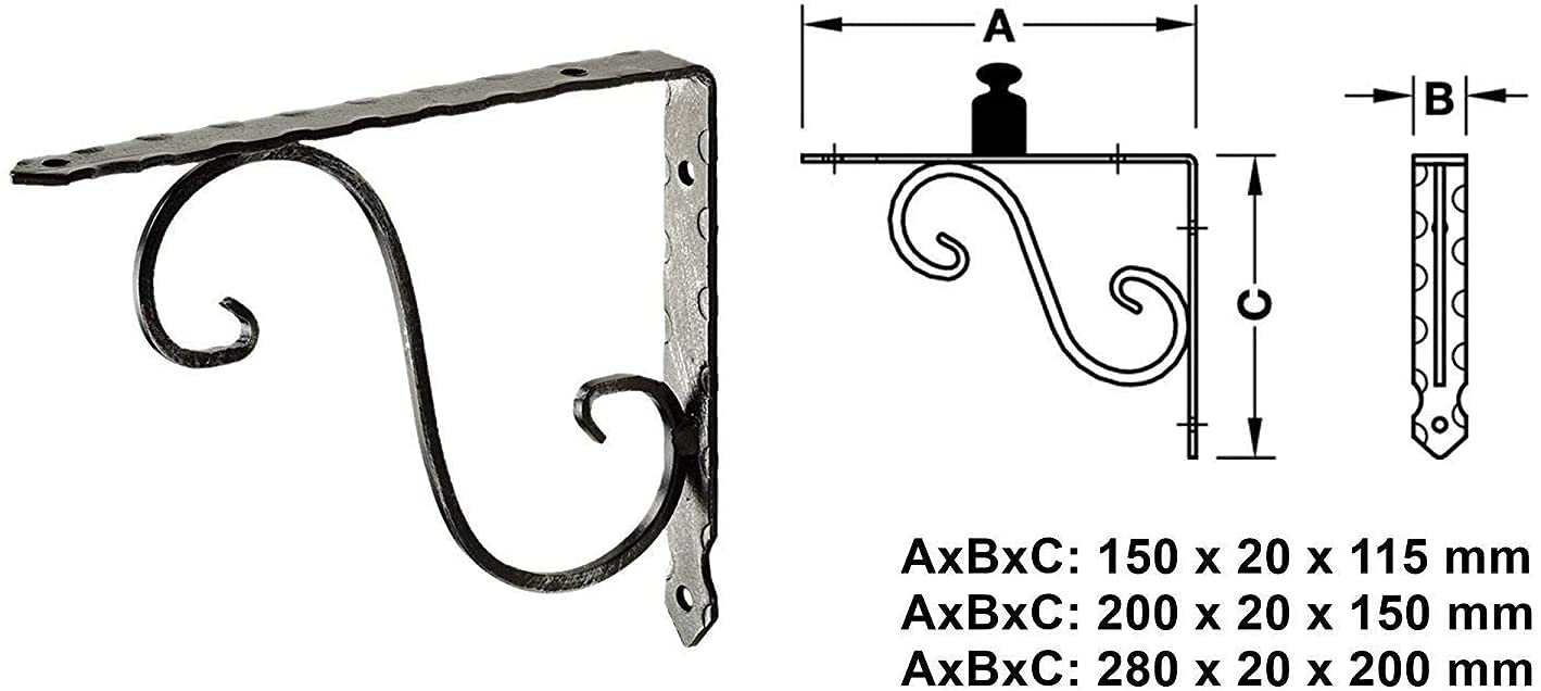 Consolle ornamentale Gedotec supporto pesante supporto pesante in metallo | VICTORIA | profondità: 280 mm | portata ripiano 15 kg | acciaio forgiato nero antico | 4 reggimensola stile country