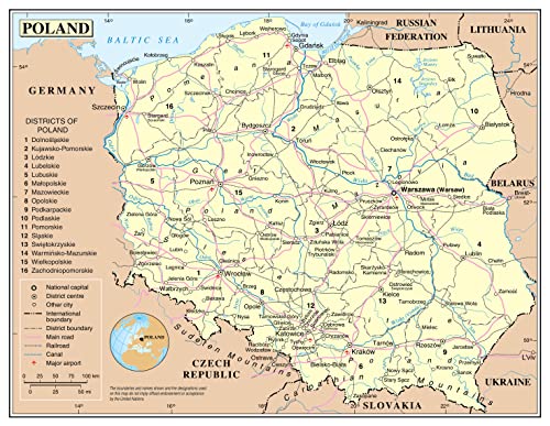 Palmetto Posters 24x31 Laminated Poster: Large detailed political and administrative map of poland with roads railroads major cities and airports