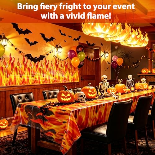 Image of Kochorie 100 Ft x 54 Inch Halloween Flame Party Tablecloth Roll with Cutter Box Waterproof Plastic Fake Fire Table Cover for Halloween Campfire Party Supplies Decorations