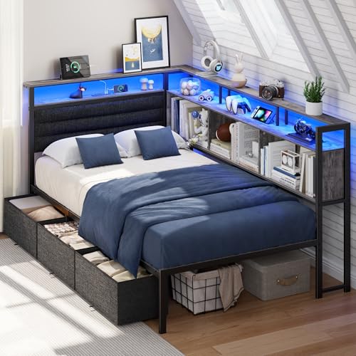 Image of OURPIC Twin Corner Bed Frame with Upholstered headboard,3 Storage Drawers | RGB LED lights 60k colors, 1USB+1TypeC+2AC charging, Space-saving, Holds 800 lbs, No box spring needed, Easy assembly, Grey
