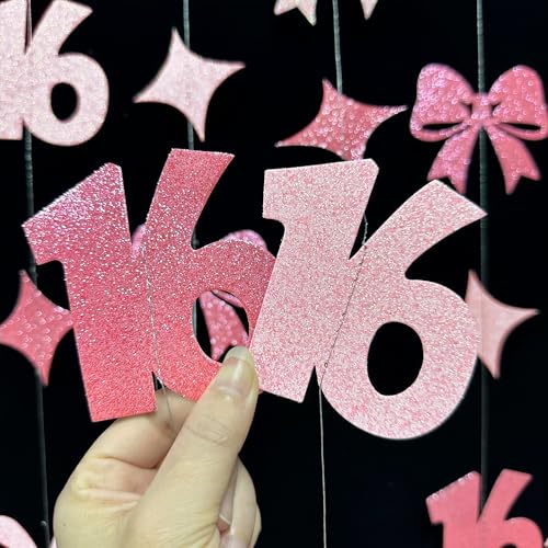 Image of Glitter Pink 16th Bow Birthday Decorations Hot Pink Conquette Bow Garland Streamer Banner Backdrop for Girls Boys Happy 16th Birthday Sweet Sixteen Cheers to 16 Years Old Anniversary Party Supplies