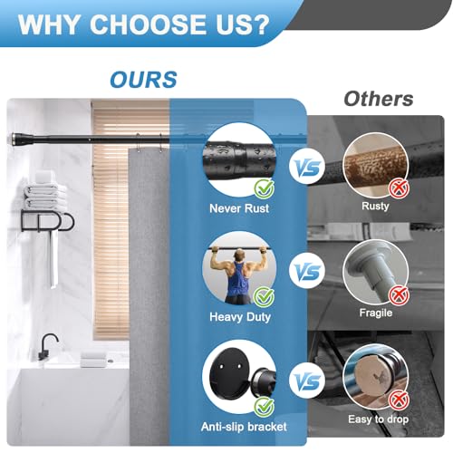 Image of Tension Curtain Rod, 42 to 72 inch Adjustable Heavy Duty black shower curtain rod for bathroom Closet Windows