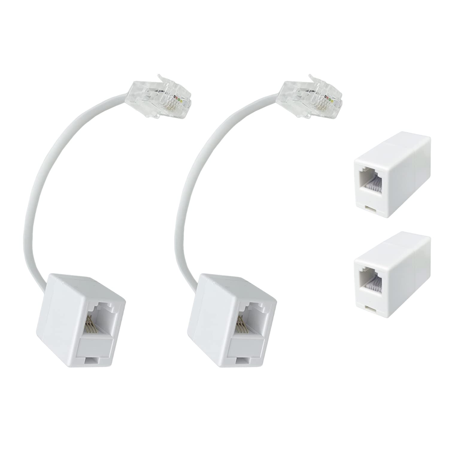 (Pack of 4 A Pair of Converter Adapter (Ethernet RJ45 8P4C/8P8C Male to RJ11 6P4C Female) & 2 in-Line Couplers (Double RJ45 8P8C Female), Telephone Converter Adapter Connector M/F Cable