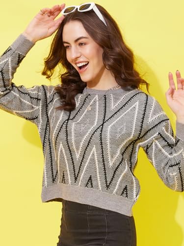 Image of Modeve Self Design Round Neck Casual Women Crop Top Sweater||Winterwear||