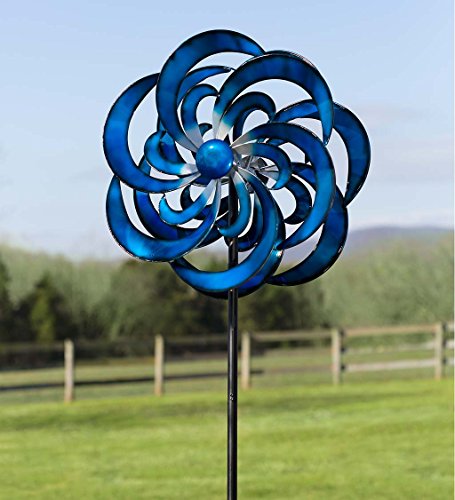 Plow & Hearth Blue Waves Outdoor Metal Garden Wind Spinner 23 Dia. x 10.25 D x 84 H