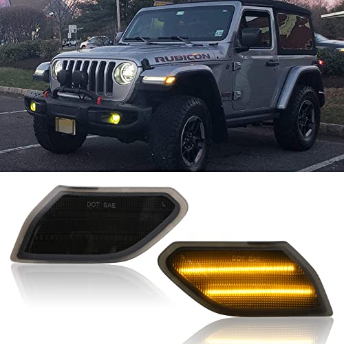 Aexploer Front Side Marker Lights Compatible with Wrangler JL JLU 2018-2024 & For Gladiator JT 2020-2023, Amber Yellow Light Side Full LED (Smoked Lens)