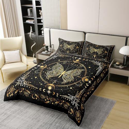 Homemissing Butterfly 100% Cotton Duvet Cover Kids Sun Moon Bedding Set Black Gold Comforter Cover Set Double Size for Women Men Solar System Bedspread Cover - Image 3