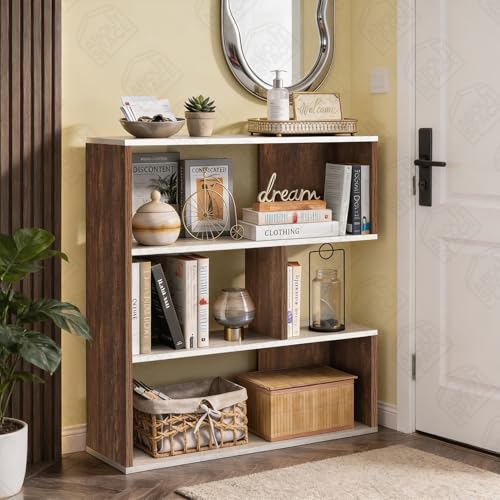 Image of ABOUT SPACE Book Shelf for Home Library-Rectangle /L-Shaped Rack for Storage 2 Ways 6 Compartment Book Stand Shelf for Bedroom, Livingroom Decor, Plants and Books (Oak White&Walnut-L128 x B30 x H85 cm)