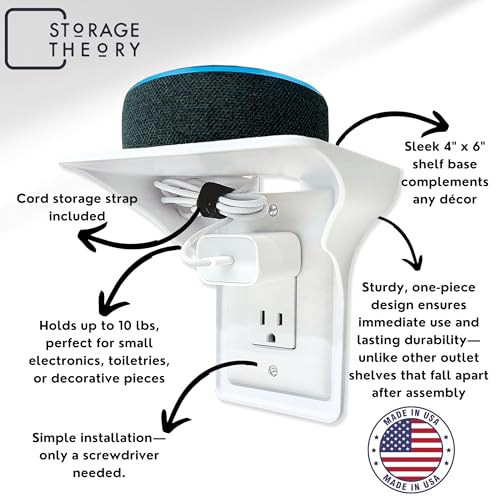 BeraTek Industries Power Perch Outlet Shelf with Cord Storage Strap – Small Wall Shelf for Alexa Stand, Echo Dot Holder, Electric Toothbrush – Bedroom & Bathroom Organizer (White, 2-Pack)