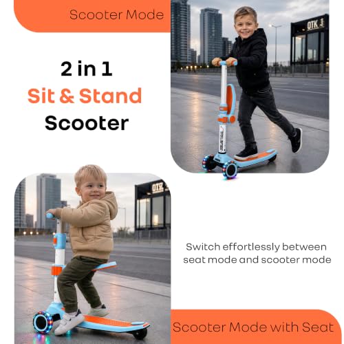 Image of R for Rabbit Road Runner Stellar Duo 2-in-1 Kids Kick Scooter with Foldable & Detachable Ride-On Seat, 4-Level Adjustable Height, LED PU Wheels for Boys & Girls 3+ Years, Up to 75 kg (Blue Orange)