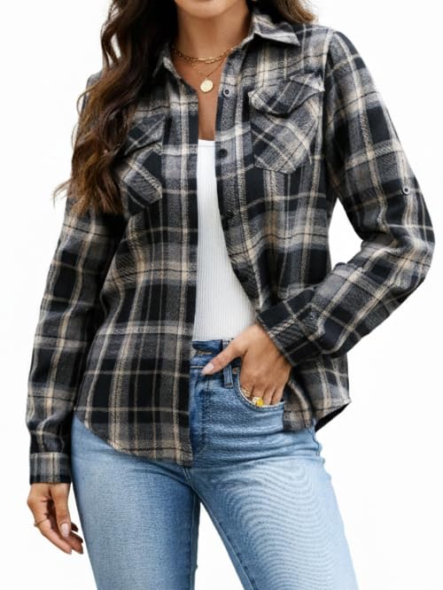 Famrrifuu Kariertes Hemd Damen Baumwolle Karohemd Bluse V-Ausschnitt Langarm Flanellhemd Holzfällerhemd Casual Oberteile Schwarz S