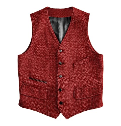 Image of SOLOVEDRESS Mens Vintage Classic Herringbone Pattern Suit Vest V Neck Casual Wool Blend Waistcoat for Men