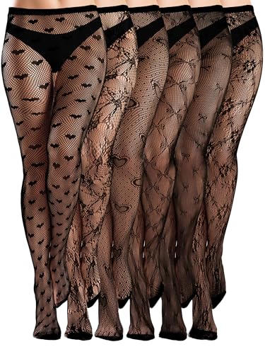 Image of Ramede 6 Pairs Women Fishnet Tights Thigh High Waist Bow Stockings Patterned Lace Fishnet Leggings Pantyhose for Halloween