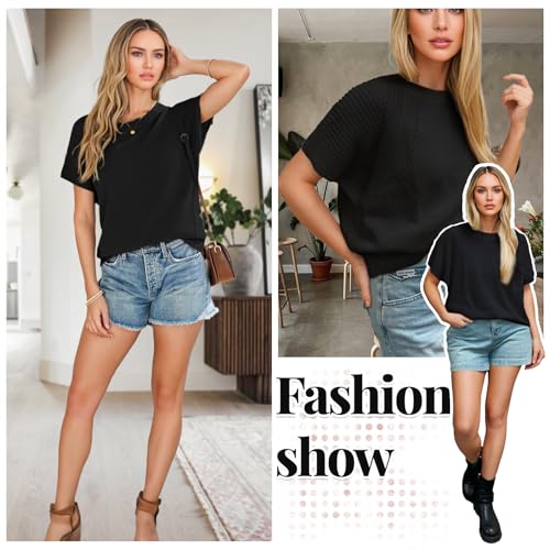 Image of Women's Short Sleeve Top Crew Neck Pullover Trendy Casual Knit Sweater Lightweight Crochet Tops