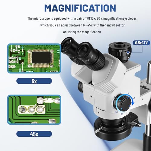 Image of Professional Trinocular Stereo Zoom Microscope,with 56-Bulb LED Ring Light,6X-45X Magnification,WF10X Eyepieces,0.6X-4.5X Zoom Objective, 0.5X CTV Trinocular High Definition Adapter