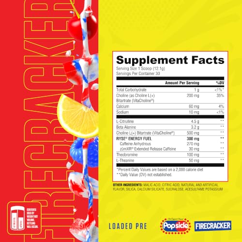 Image of Ryse Loaded Pre Workout Powder - Popsicle Firecracker - Daily Pre-Workout for Men & Women with 300mg Caffeine, Beta Alanine, and Citrulline for Pump, Focus, and Energy - 30 Servings
