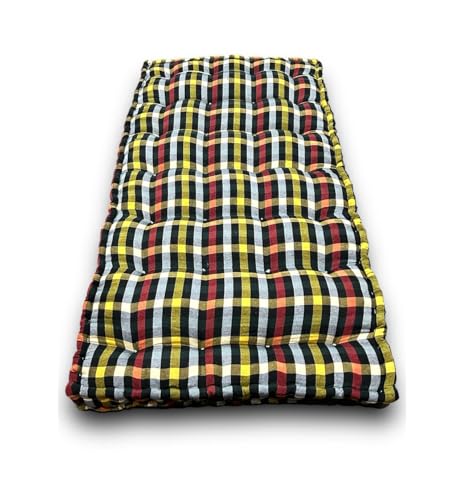 Image of ATOOTFUSION Small Single 5-Inch Thick Cotton Box Quilt Toshak Mattress | Medium Firm | Foldable & Reversible | White and Black Checkered Design | 72x30x5 Inches
